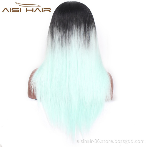 Aisi Hair Top Quality Cheap Synthetic Long Straight Wig With Neat Bangs Ombre Blue Color Heat Resistant Wigs For Black Women